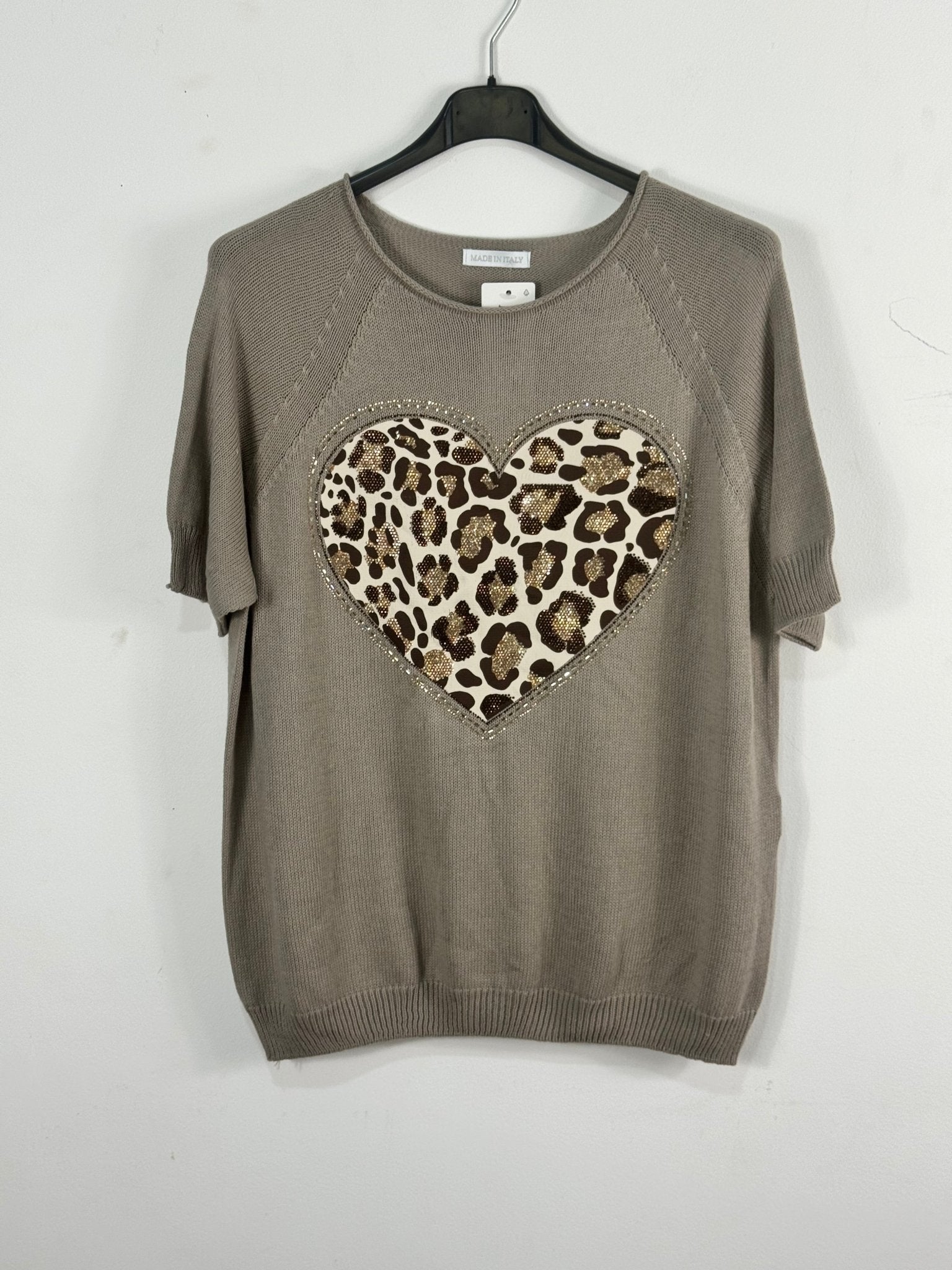 Pull Cuore taupe 100 % coton avec cœur léopard et strass