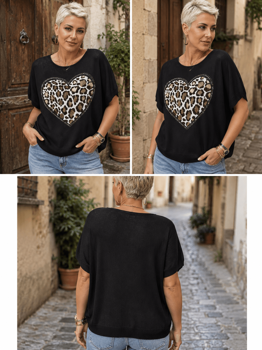 Pull Cuore noir à cœur léopard et strass porté par une femme, vues de face, trois quarts et dos