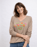 Pull Luck message positif maille douce beige écru made in Italy