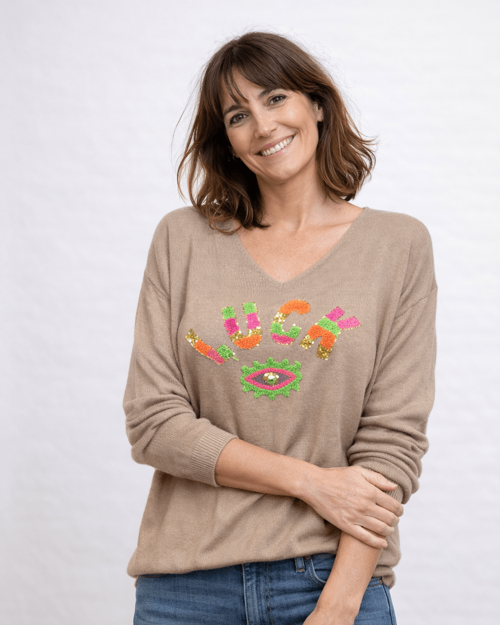 Pull Luck message positif maille douce beige écru made in Italy