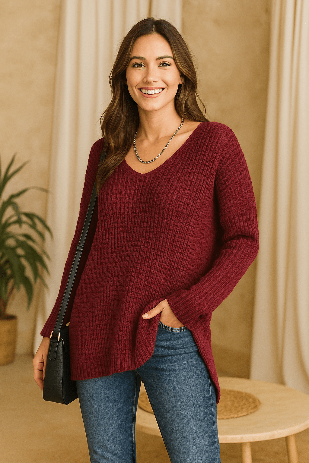 Pull automne hiver femme couleur bordeaux profond, taille unique 36-48