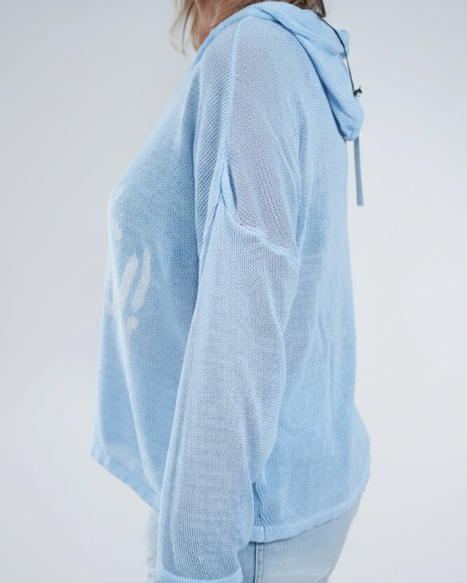 Pull léger beige No Risk No Fun avec capuche et col V coupe fluide femme – Mam’s Ailes- vue profil