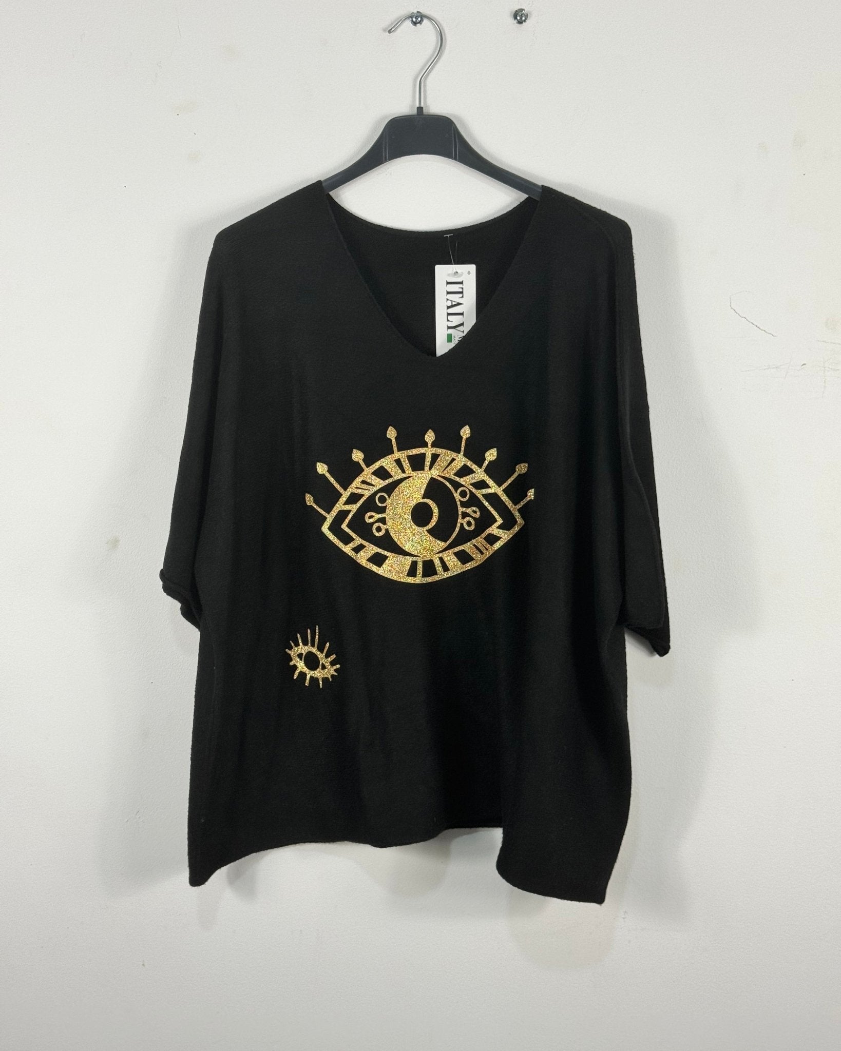 Pull Occhio femme à manches courtes avec grand œil pailleté, vue réelle 1