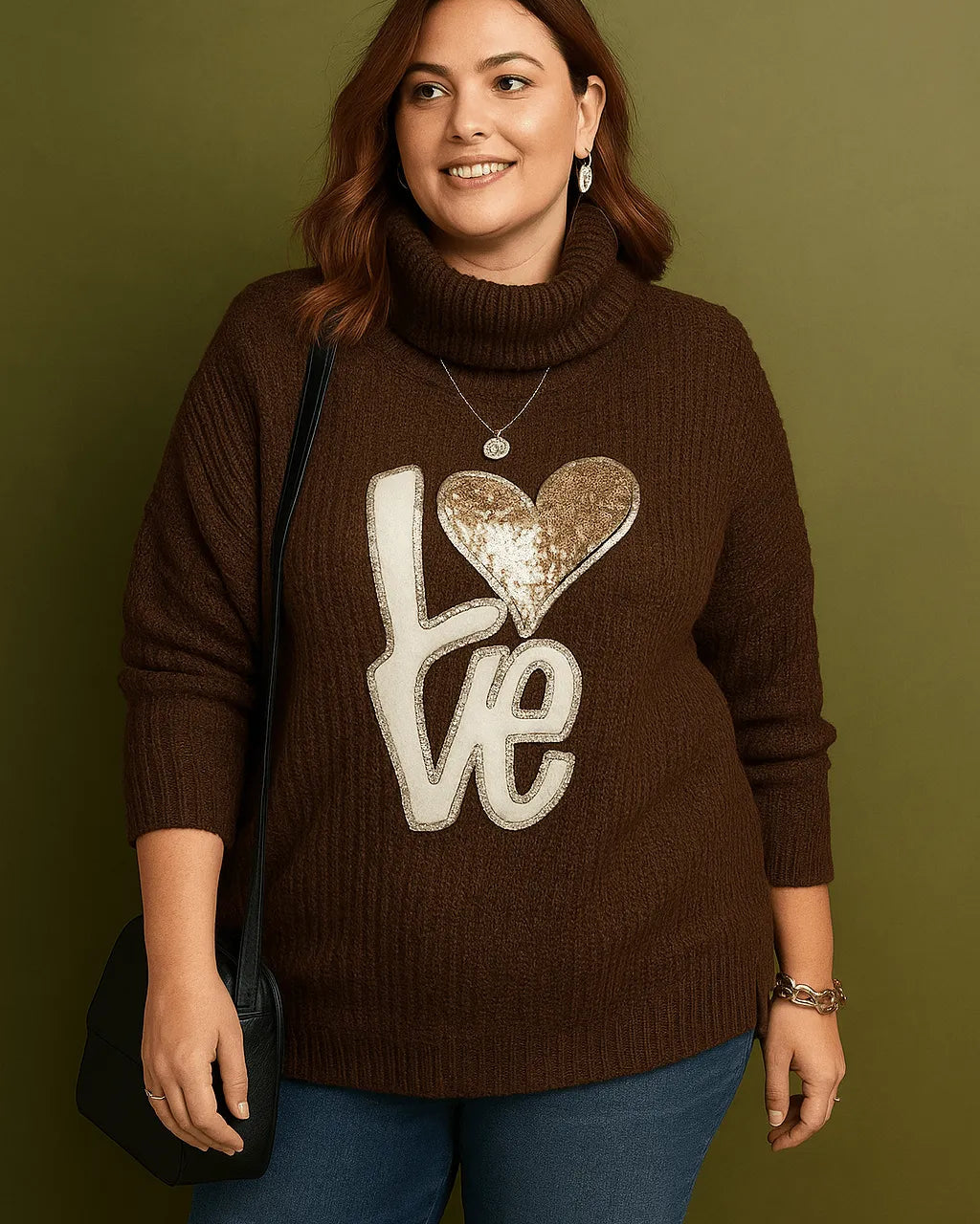 Pull oversize femme col roulé chocolat avec motif sequins Love