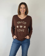 Pull Peace & Love chocolat en angora et laine