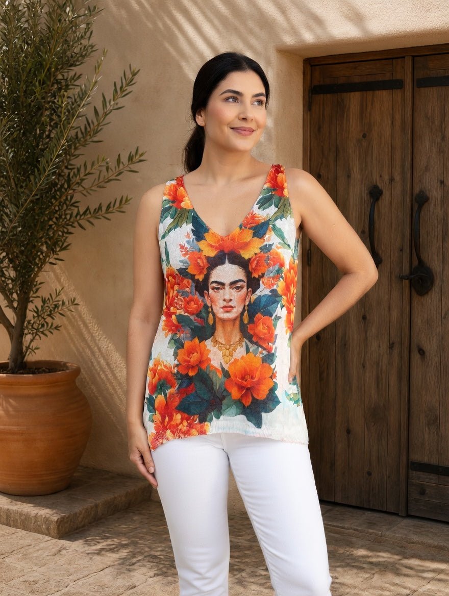 Pull sans manches Frida avec grand portrait arty, vue de face
