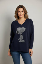 Pull Shiny Pup marine à motif Snoopy en strass et dos long