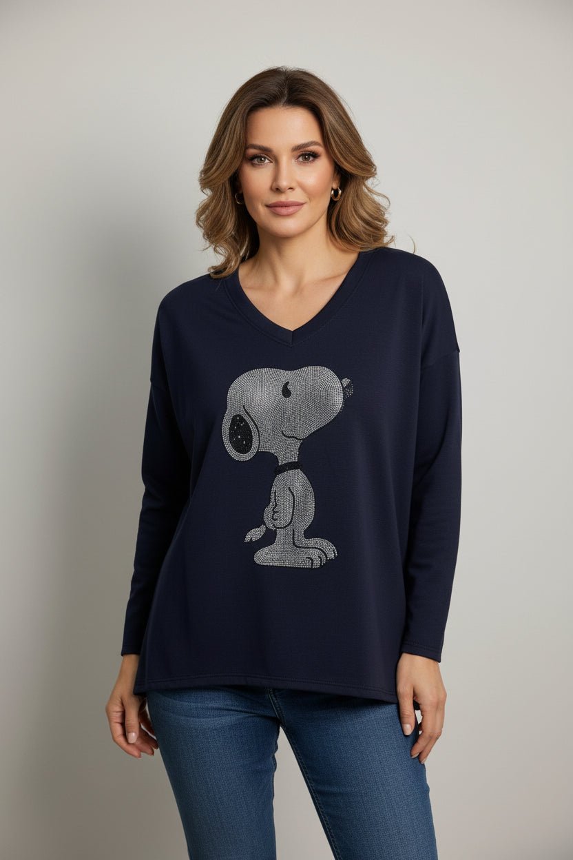 Pull Shiny Pup marine à motif Snoopy en strass et dos long