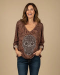 Pull tête de mort rock femme – motif strass doré, coloris chocolat – Mam’sailes