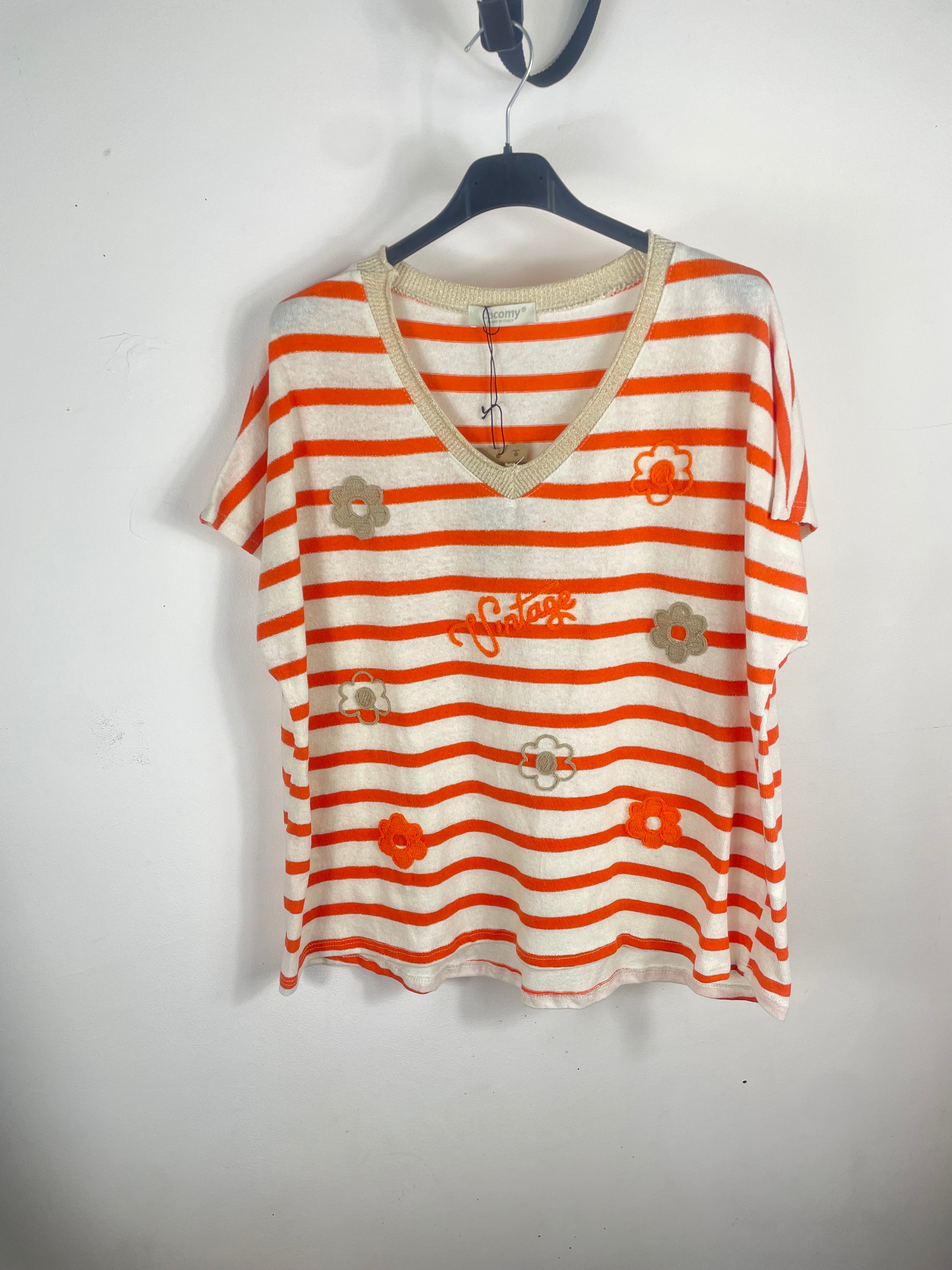 Pull Vintia orange femme en coton avec rayures, fleurs brodées et col pailleté