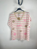Pull Vintia rose pâle femme rayé avec fleurs brodées et fils dorés Made in Italy
