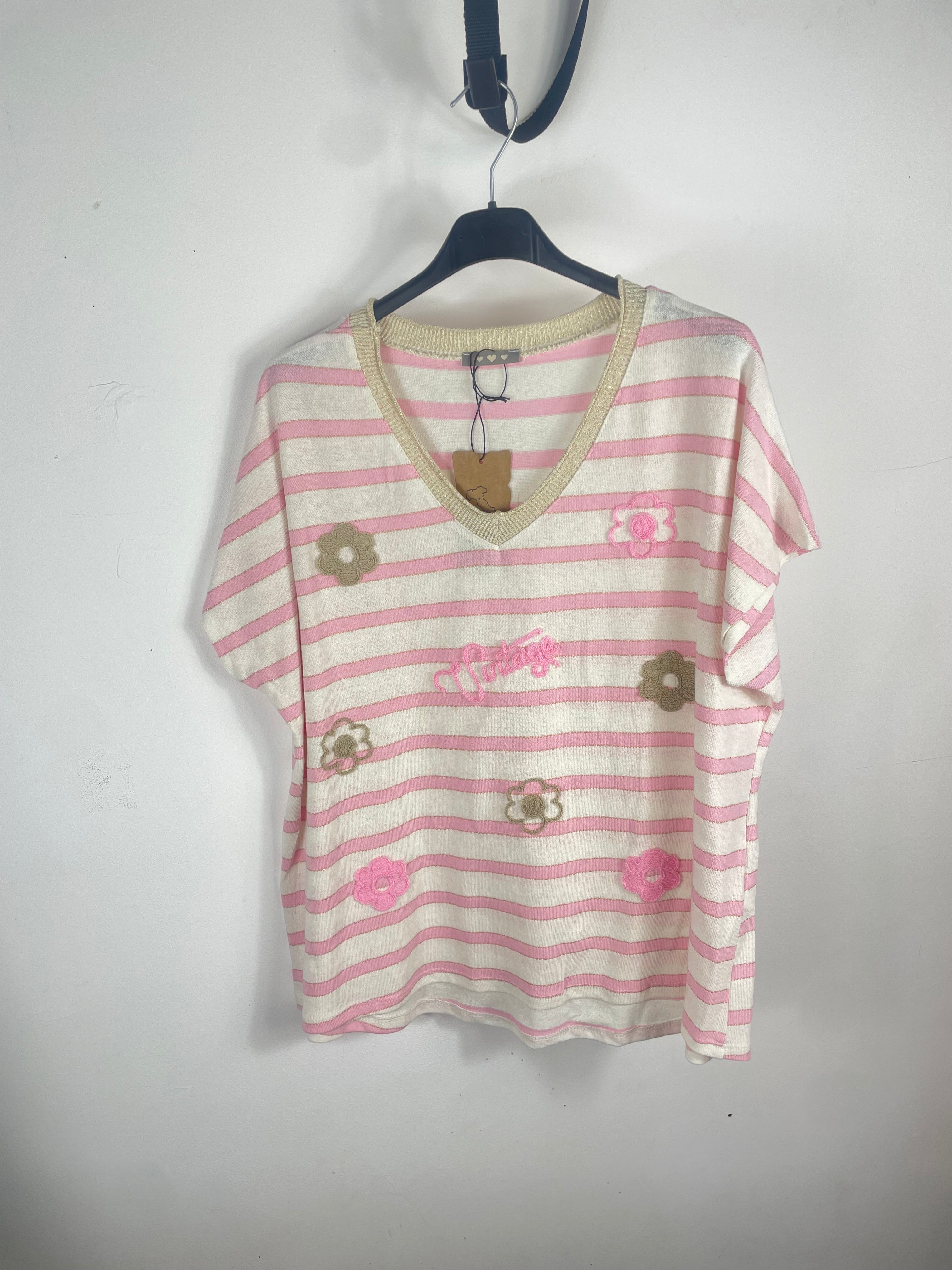 Pull Vintia rose pâle femme rayé avec fleurs brodées et fils dorés Made in Italy