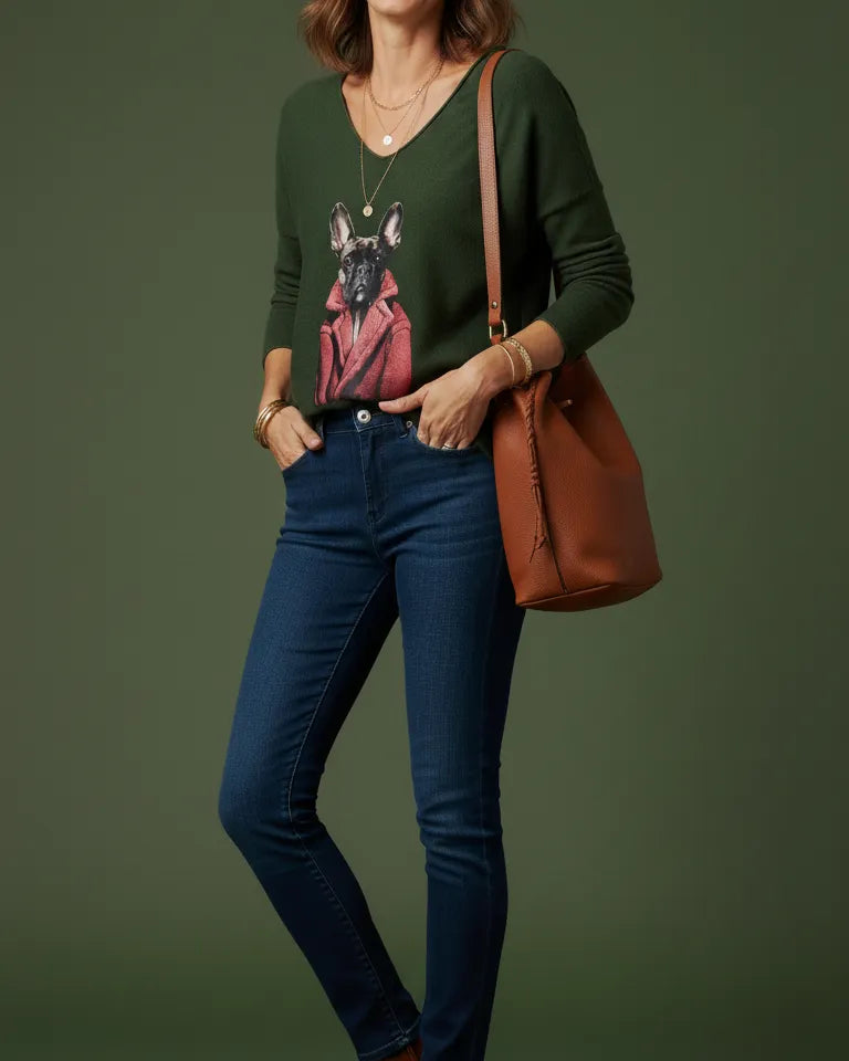 Idée de look : pull col v kaki avec jean brut et sac camel