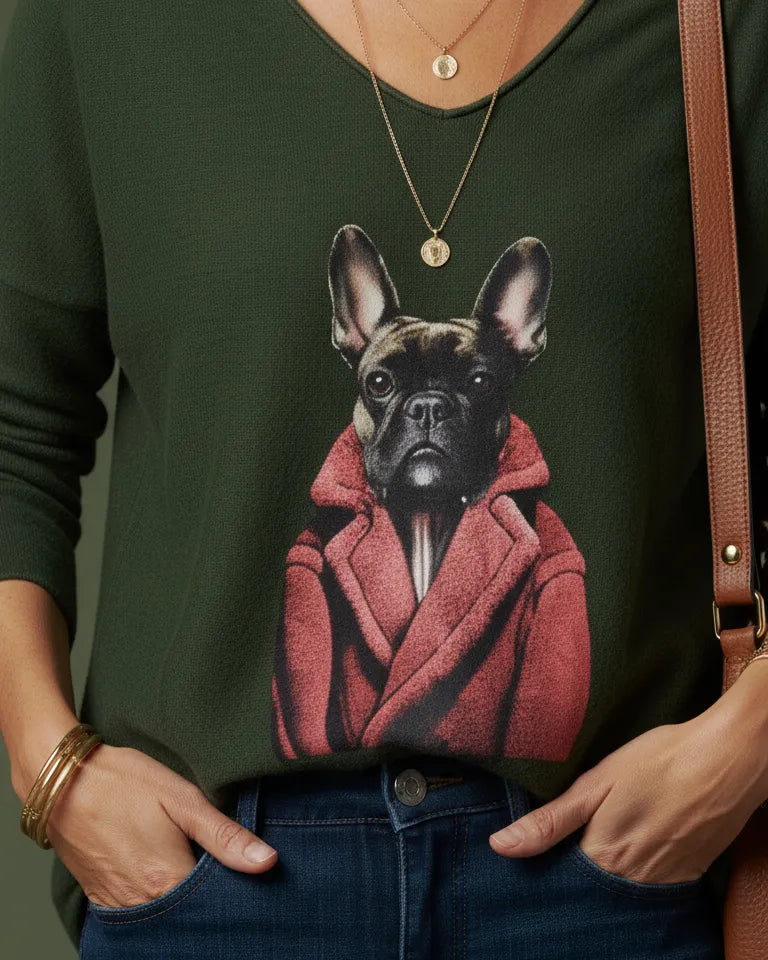 Zoom sur motif chien bouledogue en manteau élégant imprimé sur le pull