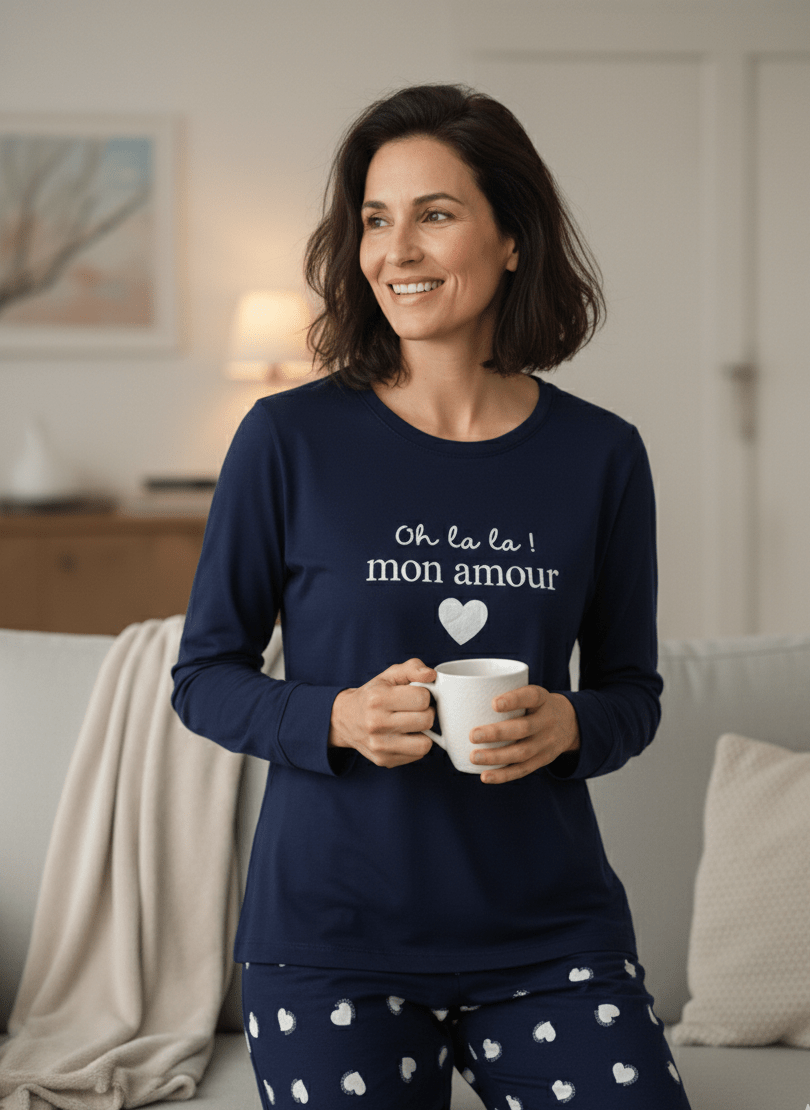 Pyjama Marine « Oh Lala Mon Amour » – Cœurs Saint - Valentin – Corte Sofia – M - XXL - Mam’s Ailes