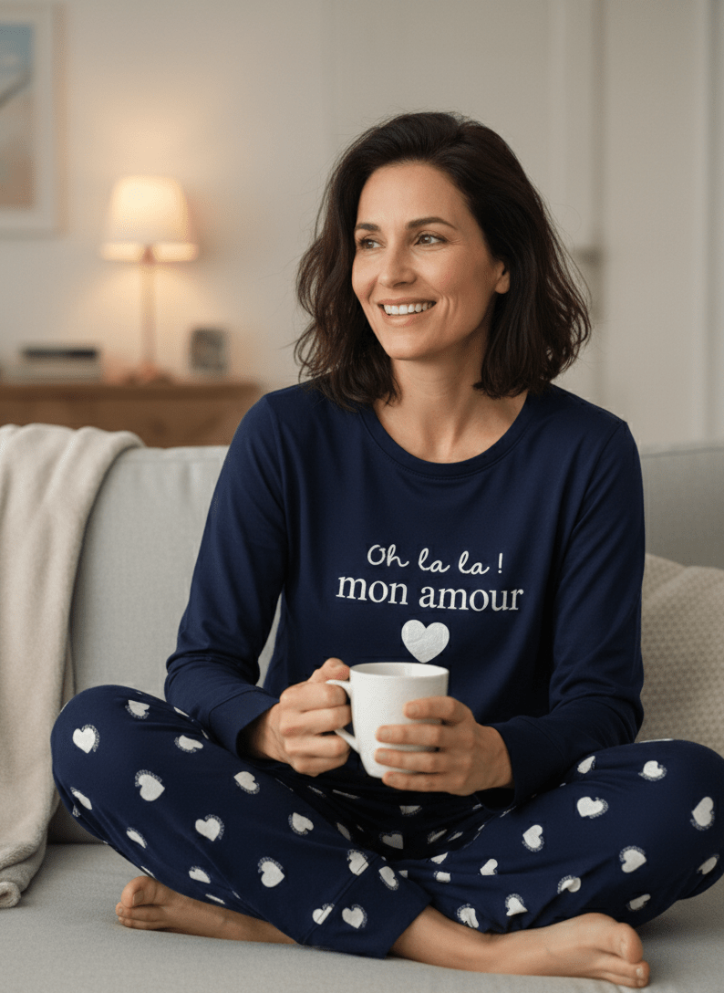 Pyjama Oh Lala Mon Amour marine avec pantalon à cœurs