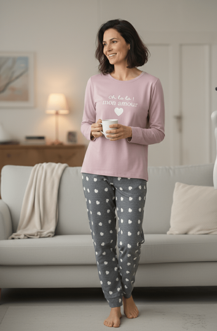 Pyjama Rose & Gris « Oh Lala Mon Amour » – Cœurs Saint - Valentin – Corte Sofia – M - XXL - Mam’s Ailes