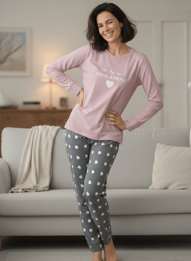 Pyjama Rose & Gris « Oh Lala Mon Amour » – Cœurs Saint - Valentin – Corte Sofia – M - XXL - Mam’s Ailes