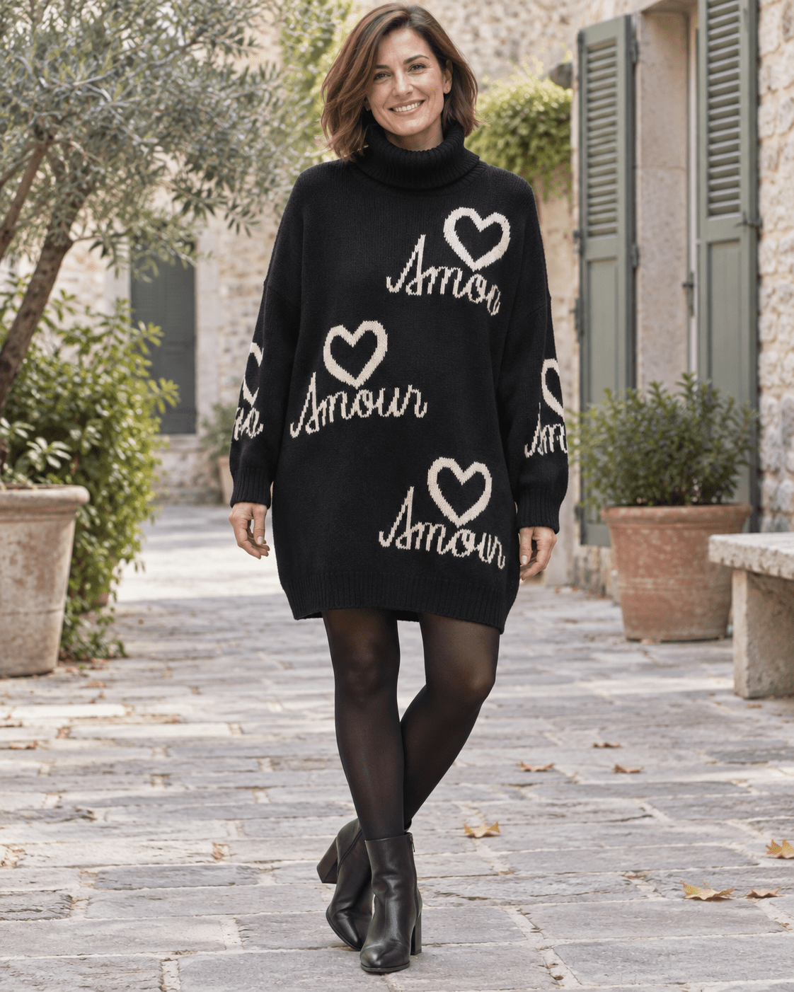 Robe-pull Amour noire en silhouette entière avec collants et bottines