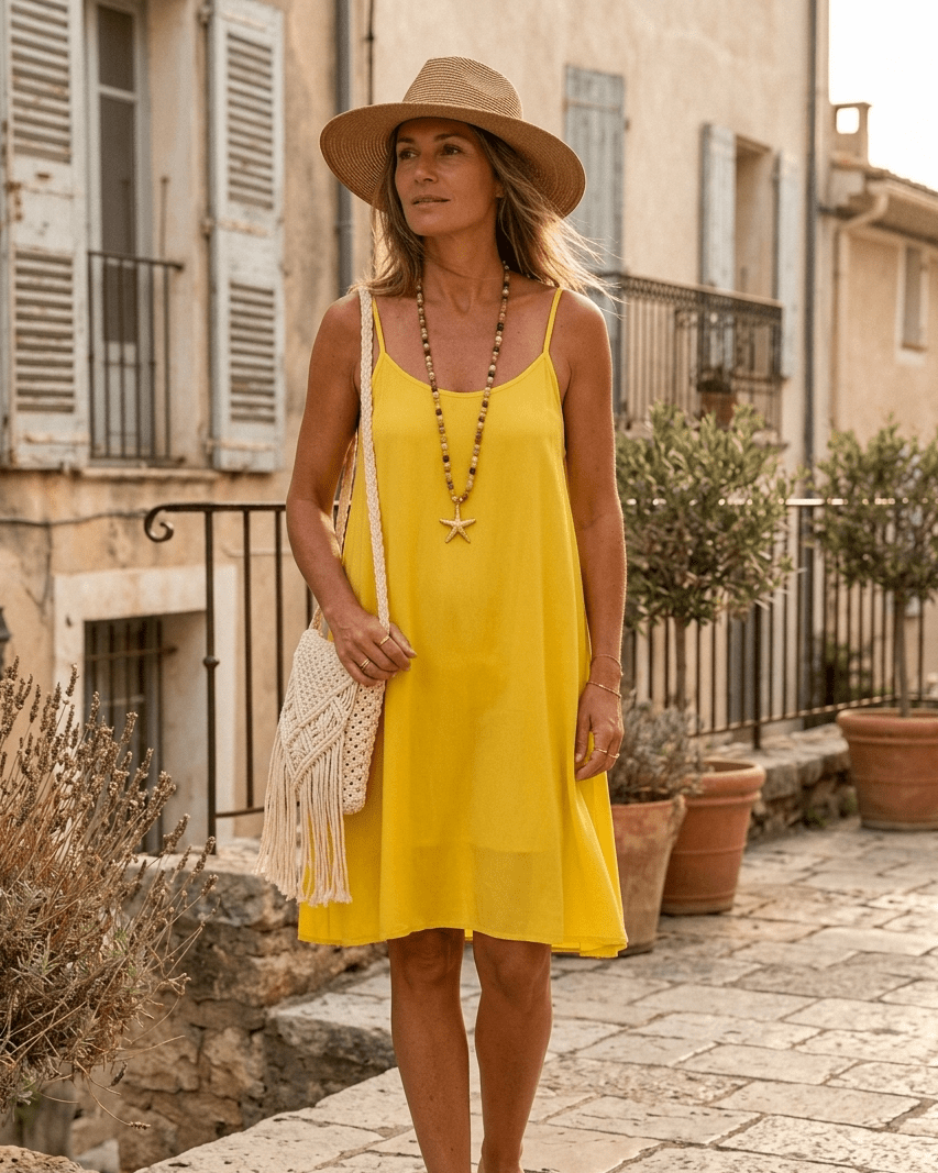 Robe Calista jaune à fines bretelles, vue portée