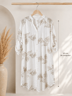 Robe chemise bohème blanche avec imprimé beige longueur 93 cm coupe fluide 
