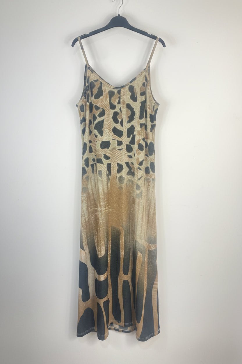 Robe longue femme Made in Italy en lurex, dos sans motif crâne buffle, coupe fluide à fines bretelles