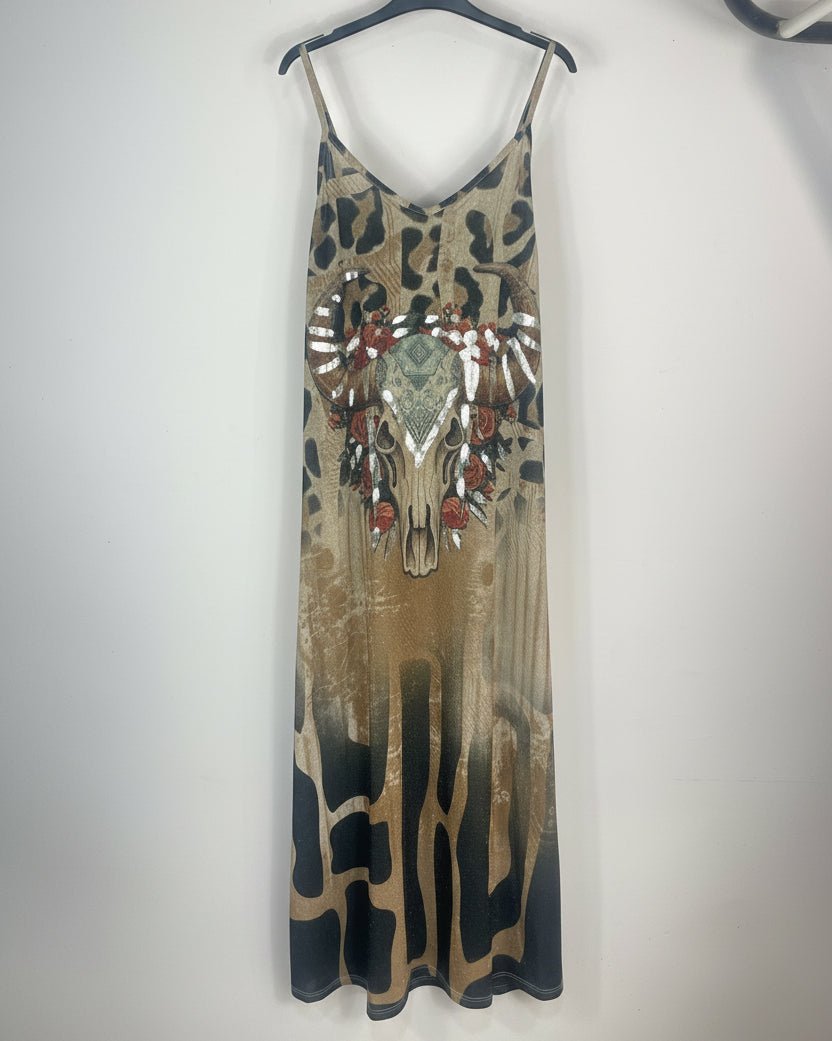 Robe longue femme avec imprimé crâne buffle devant, effet lurex et coupe fluide confortable jusqu’au 44/46