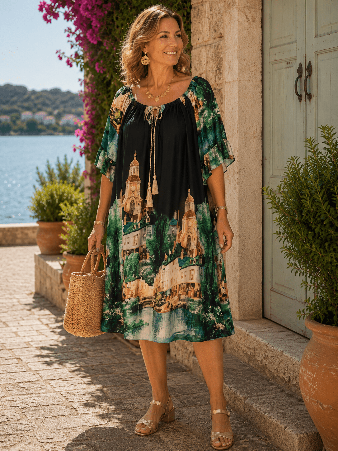 Robe Élise satinée noire et verte, vue portée de face