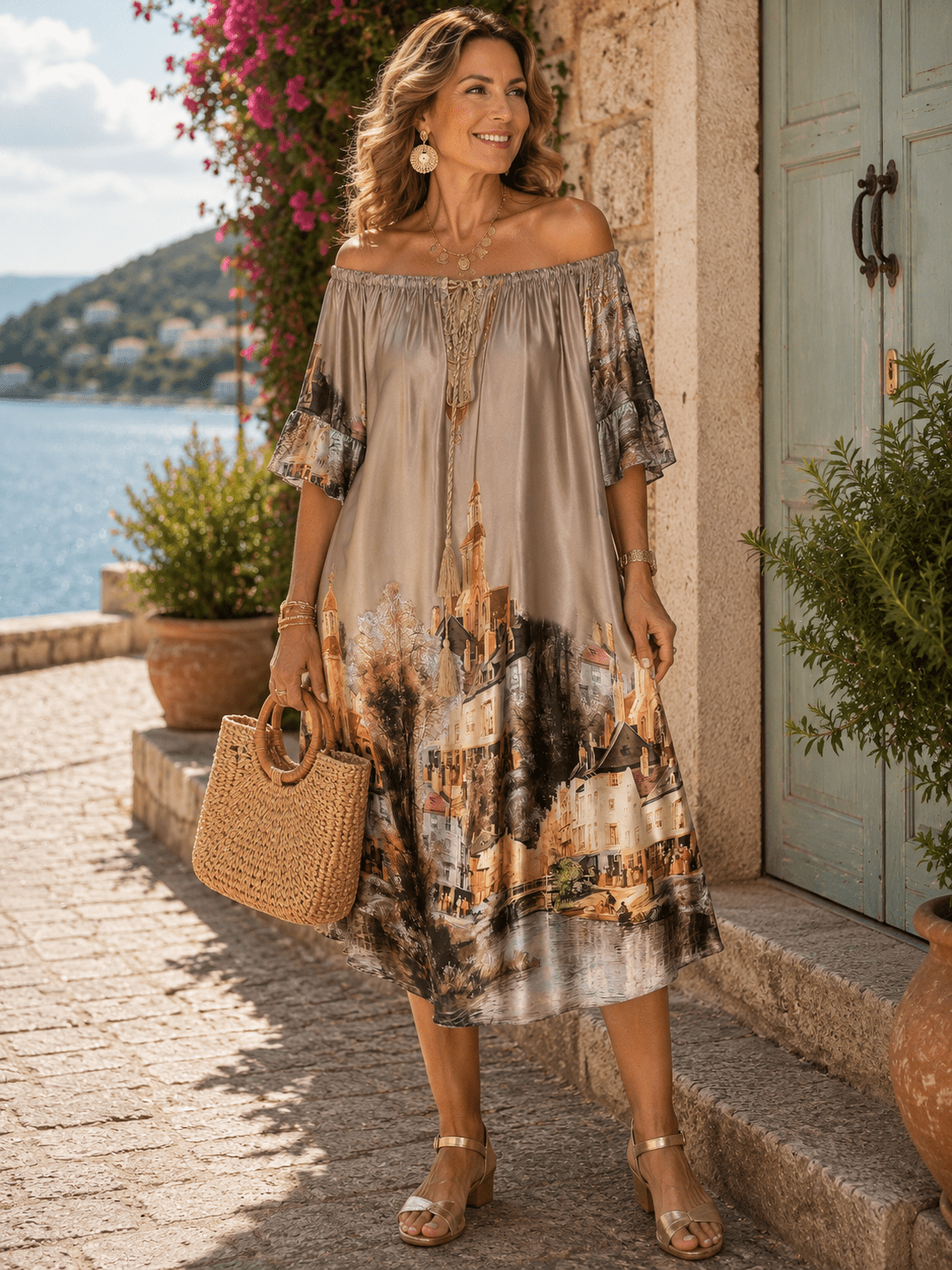 Robe Élise satinée champagne, vue portée avec sandales