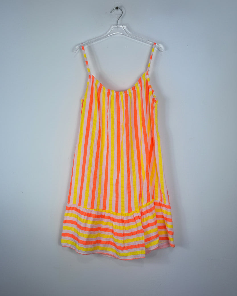 Vue sur cintre, robe fluo orange et jaune en gaze de coton Italie