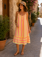 Femme portant une robe fluide en gaze de coton rayée rose orange et jaune avec chapeau bohème dans un village provençal