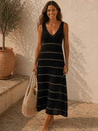 Robe bohème noire en maille ajourée femme 34-40 style été chic longueur midi 108 cm