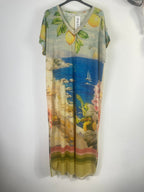 Robe longue Capri femme imprimé Méditerranée avec citrons, mer bleue et lurex doré, vue de face