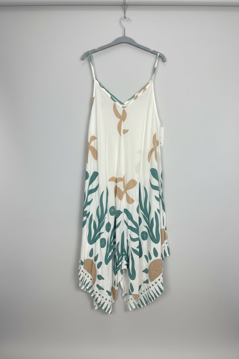Robe mouchoir bohème imprimé végétal bleu pétrole et camel sur cintre fond gris – Mam's Ailes
