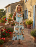 Robe longue Frida Azura femme imprimé bleu aqua , vue portée main dans la poche