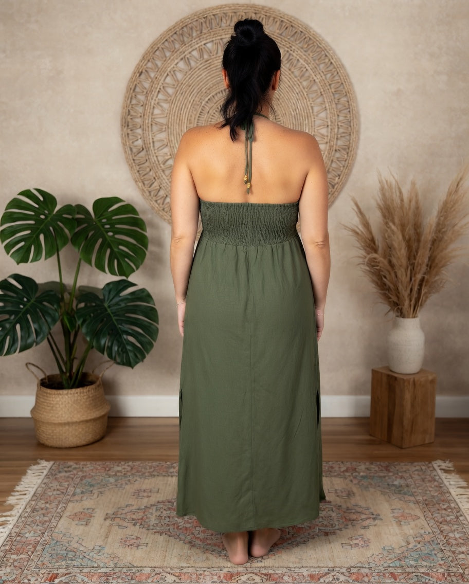 Robe longue kaki viscose vue de dos 