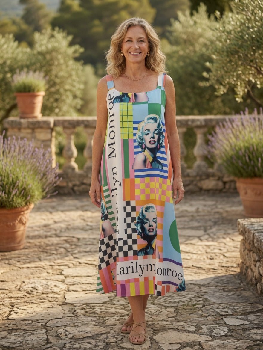 Robe Marilyn portée par une femme avec sandale, made in italy