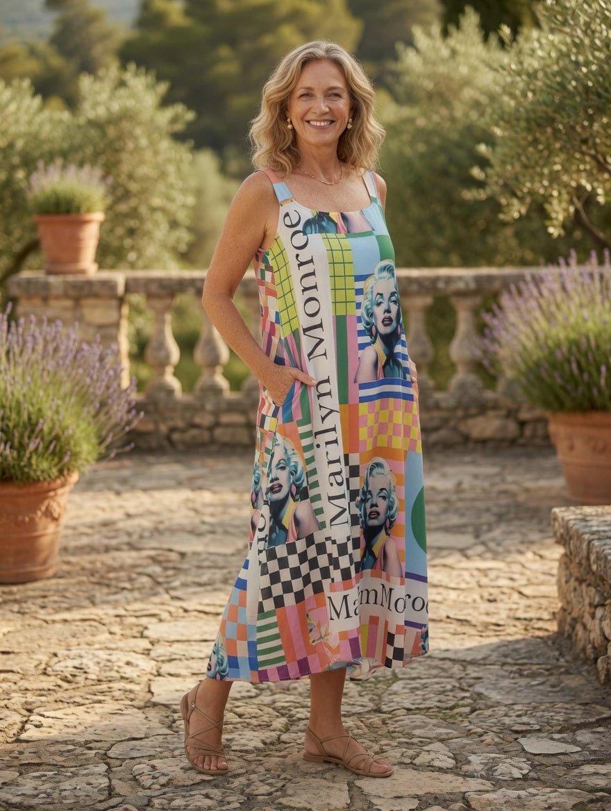 Robe Marilyn portée par une femme avec sandale, mains dans les poches