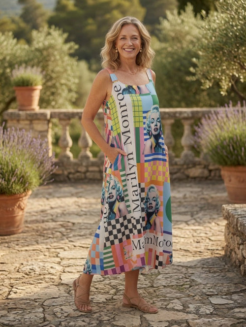 Robe Marilyn portée par une femme avec sandale, mains dans les poches