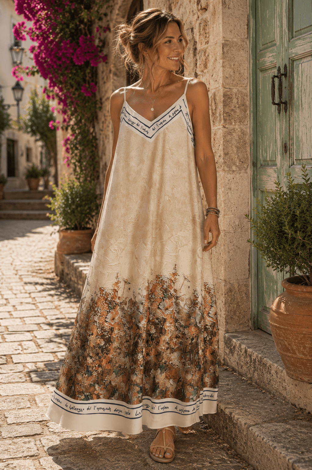 Robe longue Salomé champagne à fines bretelles et bas fleuri, vue portée