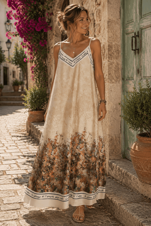 Femme portant une robe longue beige à fines bretelles avec motif floral bas de robe, style bohème d’été