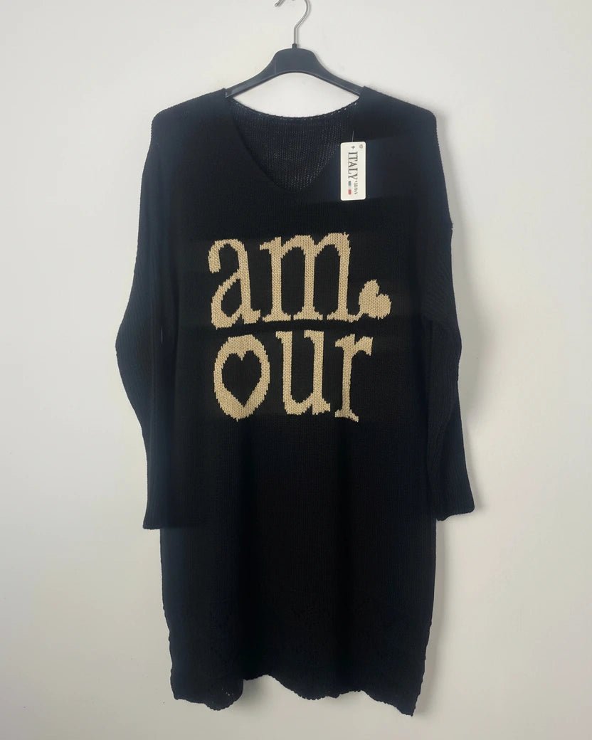 Robe-pull AMOUR noire longueur 98 cm, vue de face