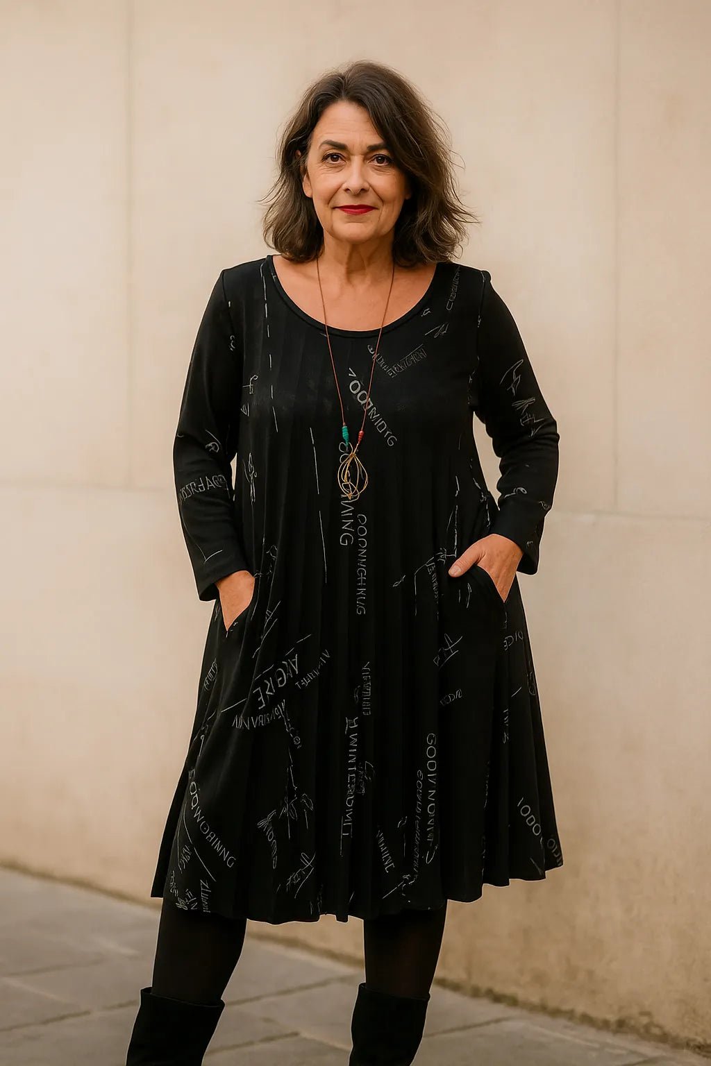 Robe-pull Lyria noire avec sautoir offert