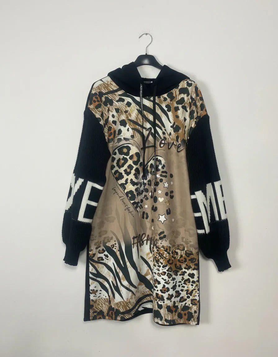 Robe Sweat Léopard Love Manches Tricot Capuche – 65% Coton – Made in Italy 36 - 48 - Mam’s Ailes