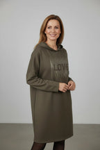 Robe sweat longue taupe LOVE strass capuche femme