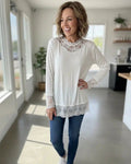 Top femme fluide avec dentelle au col, couleur blanc, fabriqué en Italie