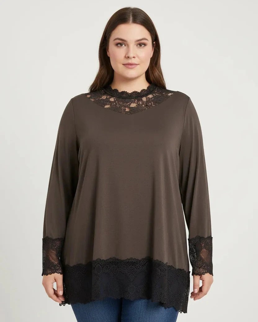 Top femme fluide dentelle col grande taille 36-52, blanc, fabriqué en Italie