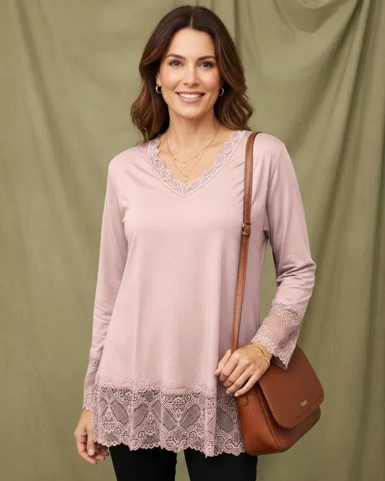 Top dentelle femme manches longues col V élégant Made in Italy