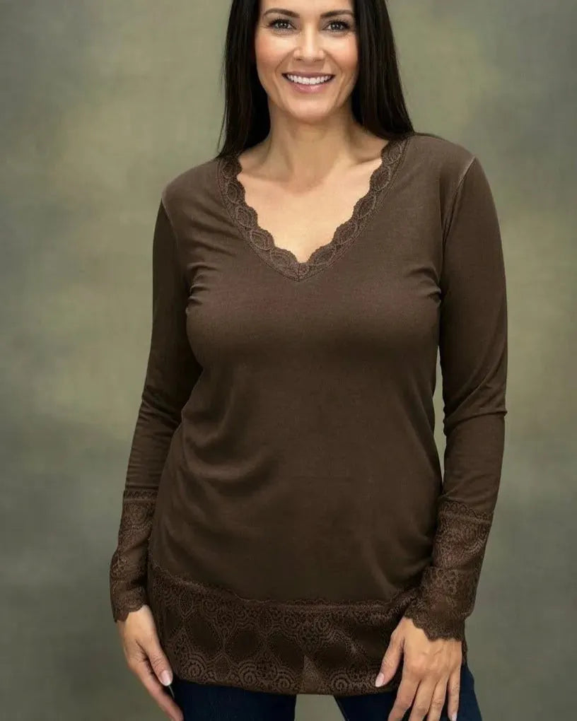 Top dentelle femme manches longues col V élégant Made in Italy