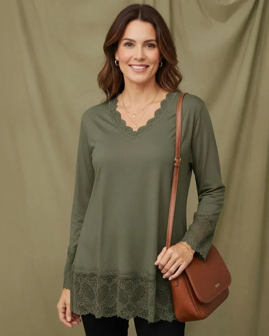 Top dentelle femme manches longues col V élégant Made in Italy